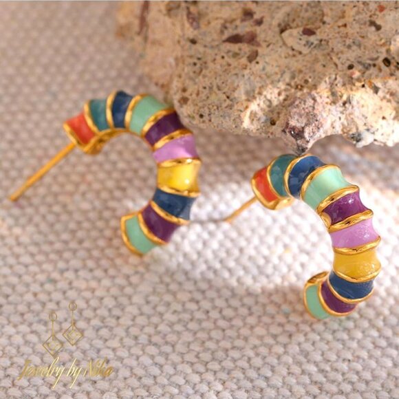 NEW 14K Yellow Gold Multicolor Enameluxe Boho Unique Hoop Luxury Stud Earrings - Picture 4 of 15